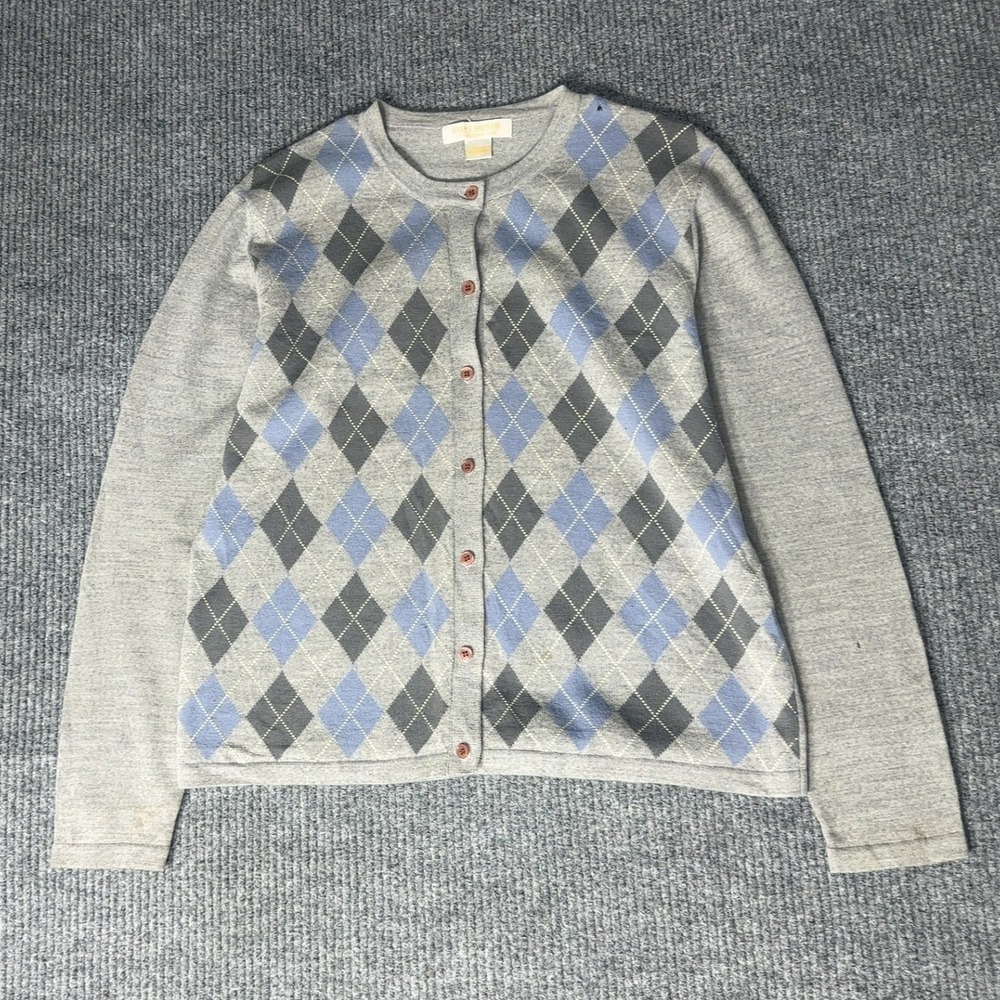 Brooks Brothers Cardigan Womens L Grey Argyle Merino Wool Sweater